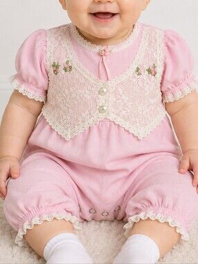 Vintage Brooke Lindsay Pink Baby Romper 3-6 Months Lace Floral Cottagecore